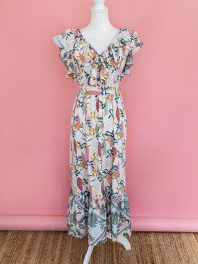 THML Contrast Flower Print Maxi Dress L Ruffle Tie Waist Summer Lightweight Boho